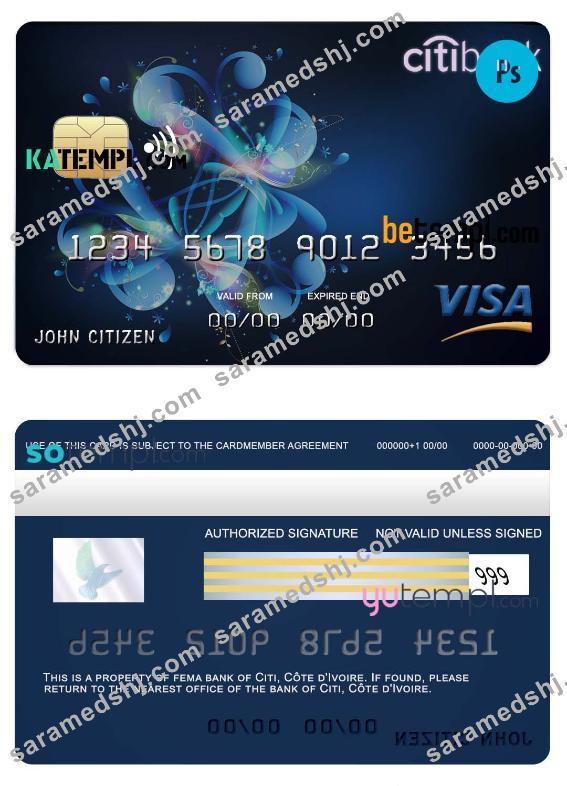 Côte d’Ivoire Citi bank visa credit card template in PSD format, fully editable